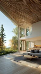 Airy modern home with floor-to-ceiling windows and wood ceiling/flooring