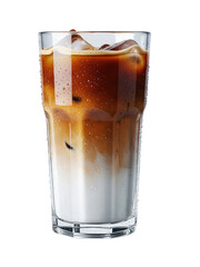 Iced latte in tall clear glass, layered brown coffee over creamy white milk