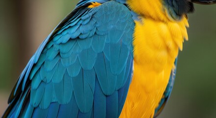 Fototapeta premium Vibrant parrot feathers close-up. Detailed view of blue and gold plumage
