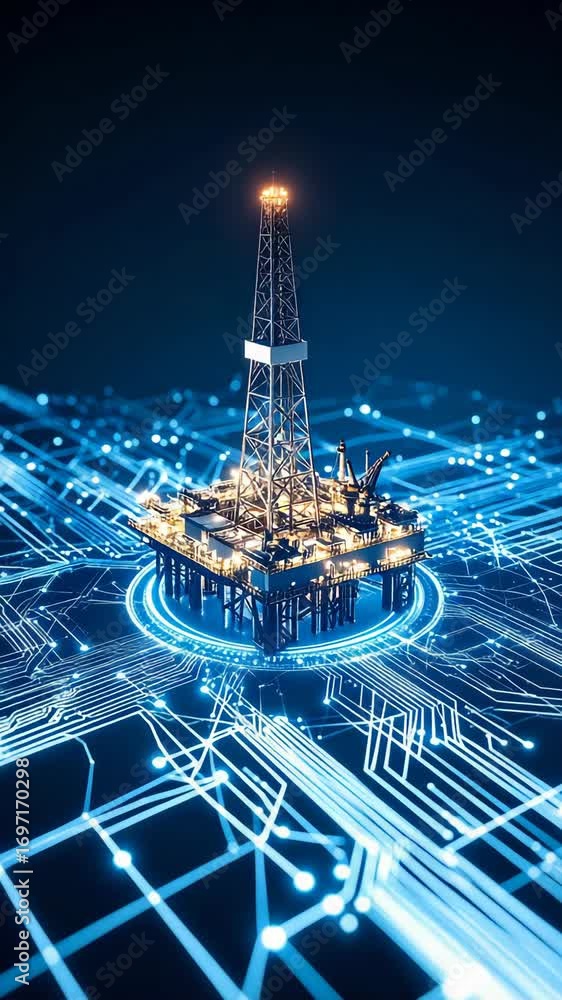 Poster digital offshore platform structure with lighting and data connection representing energy production