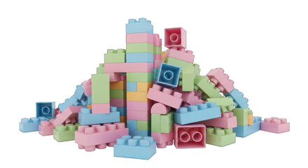Pastel interlocking brick pile against black; stack is tall, colorful