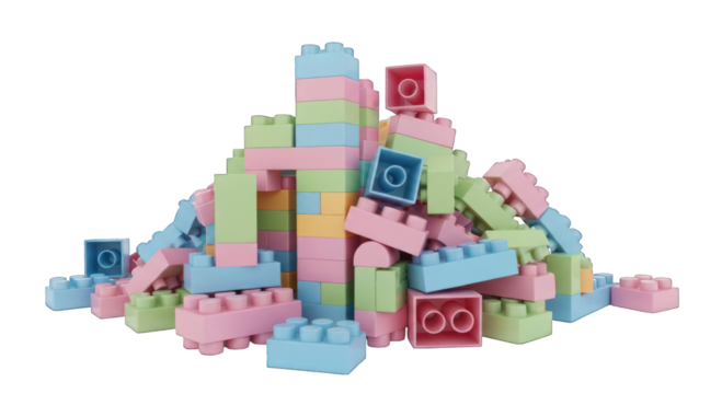 Pastel interlocking brick pile against black; stack is tall, colorful