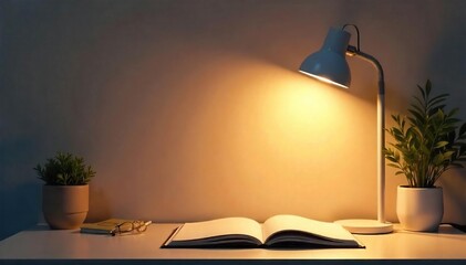 Warm Light Illuminates Modern Desk Lamp in Cozy Workspace, Perfect for Home Office or Bedroom Ambiance