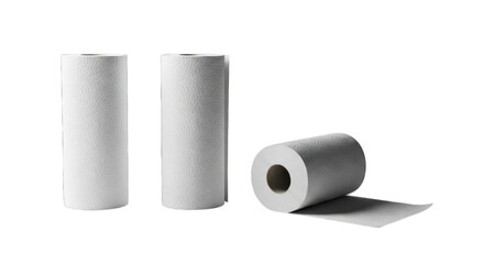 Paper towels, three rolls, two upright, one unrolled, plain white, black background