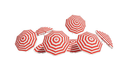 Red & white striped beach umbrellas scattered about