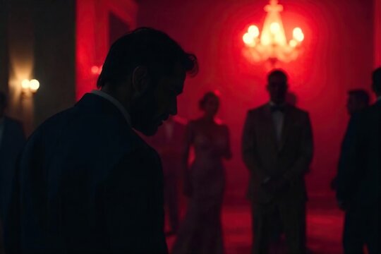 Shadowy figure lurking in the background, observing a wealthy client at a gala Discreet protection, potential threat, high stakes security, unsolved case , mystery, darkness