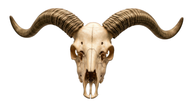 Ram skull with large, curved horns on black background; detailed texture & bone structure