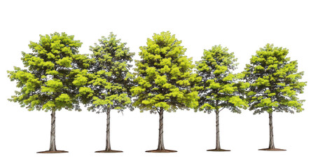 Row of five evenly spaced trees with green leaves, against black background
