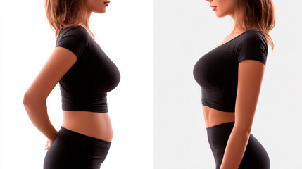 Body Transformation: A split image showcases a woman's physique, highlighting physical transformation, ideal body with sleek lines and a fit silhouette in a captivating photorealistic style.