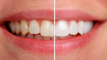 Bright Smile Transformation: A split-screen showcasing the stark contrast between before and after teeth whitening treatments, emphasizing the visual impact of cosmetic dentistry.