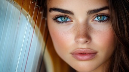 Beautiful harpist posing with her harp during a break