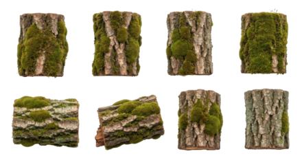 Several moss-covered tree logs of varying sizes and orientations