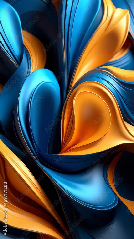 Poster abstract flowing shapes in shades of blue and gold create a dynamic, glossy, three-dimensional, curv