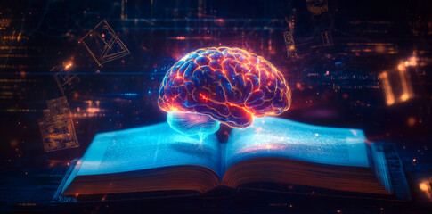 3d rendering, a glowing brain surrounded by digital data and an open book.