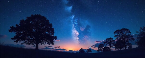 Silhouetted trees against a star-filled night sky, evoking a sense of mystery and peaceful contemplation Perfect for themes of introspection, meditation, and the cosmos , awe, universe