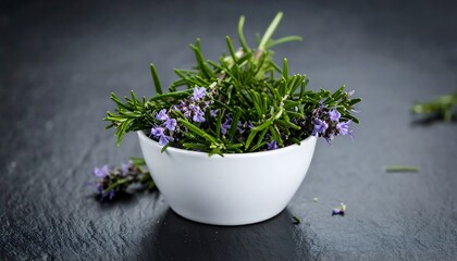 Fresh rosemary sprigs in a white bowl