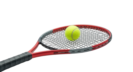 Tennis ball rests centered on a red/gray racket against black backdrop