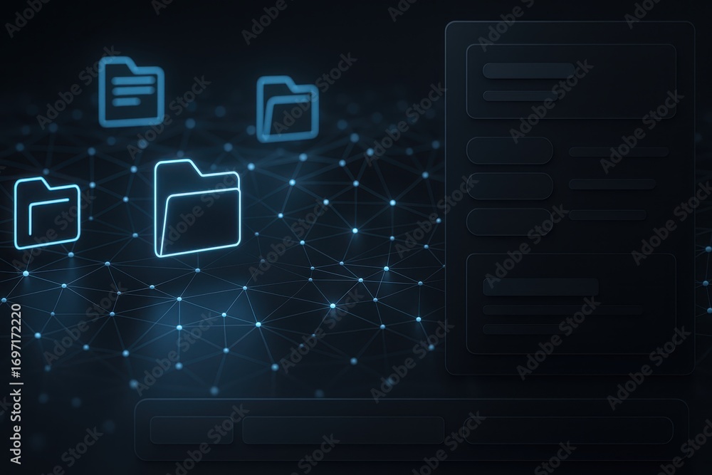 Poster futuristic data grid with floating file and folder icons holographic interface for digital document 