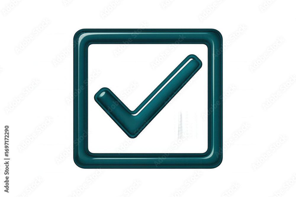 Poster teal checkmark verifying completion within rounded square, symbolizing positive confirmation against