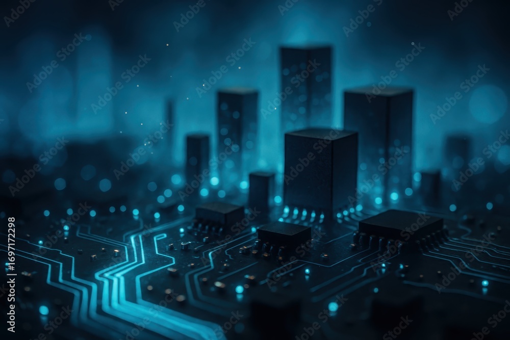 Poster futuristic microchip cityscape with glowing circuitry and nanowire pathways in deep blue perspective