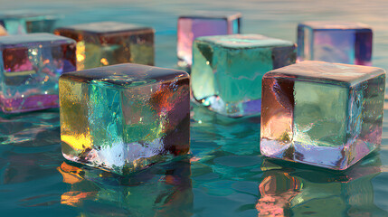Iridescent Glass Cubes Reflecting Light on Teal Water