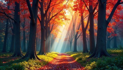 Enchanted rainbow eucalyptus trees tower over a lush, vibrant forest floor, dappled sunlight filtering through their colorful bark  A magical scene of nature's artistry ,  vibrant,  nature