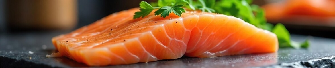 Close-up shot of raw salmon fillets on a kitchen counter, highlighting potential salmonella contamination risk Proper food handling and hygiene are crucial to prevent illness , safety, disease