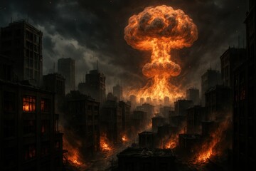 Dramatic city skyline with towering mushroom cloud apocalyptic disaster scene cinematic digital matte painting smoke fire and shattered glass reflections