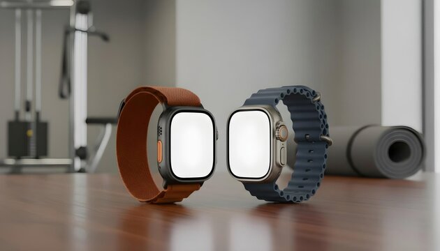 Two Apple Watch Ultra 3 smartwatches with orange and blue straps placed side by side on a wooden gym bench, blurred fitness equipment and yoga mat in the background. Premium wearable tech display.
