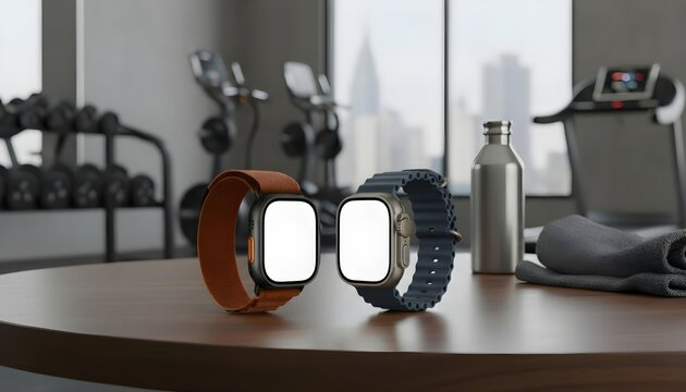 Two Apple Watch Ultra 3 smartwatches with orange and blue straps placed side by side on a wooden gym bench, blurred fitness equipment and yoga mat in the background. Premium wearable tech display.