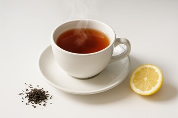 Elegant steaming cup of tea with loose leaves and lemon on pristine white background high key studio minimal beverage concept for clean packaging
