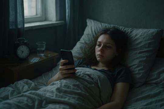 Burnout morning scene with unmotivated young woman in messy bed staring at smartphone screen insomnia and apathy concept moody natural window light - Powered by Adobe