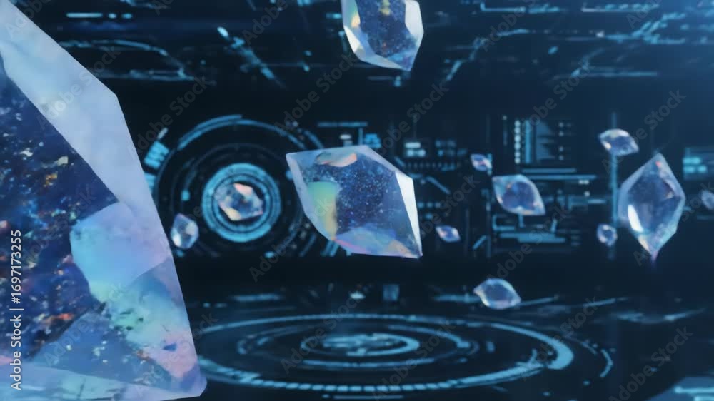 Aufkleber multiple iridescent geometric crystals suspended in a dark, futuristic environment filled with glowi