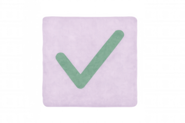 Green check mark on a pink sticky note indicating approval, agreement, or completion, isolated on a transparent background
