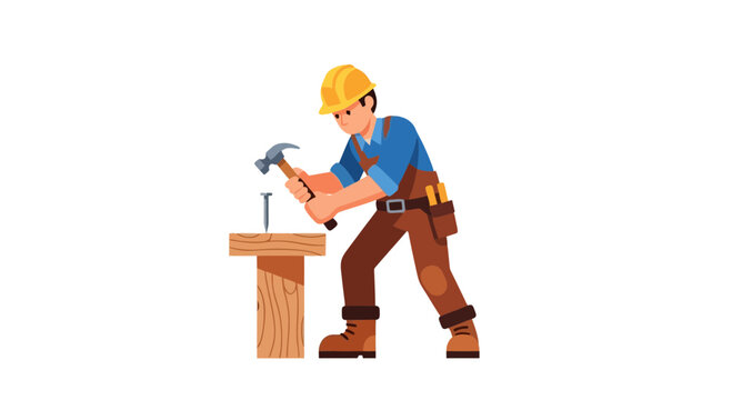A vector illustration of a construction worker hammering a nail into a wooden plank wearing a hard hat and tool belt for do it yourself home improvement projects