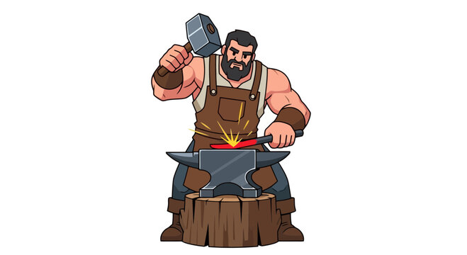 A strong cartoon blacksmith forging metal on an anvil, ideal for illustrating craftsmanship, fantasy themes, and historical professions in digital artwork