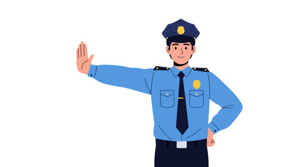 Fototapeta premium An illustration of a police officer gesturing to stop traffic or indicating restraint in a flat vector design for law enforcement themes