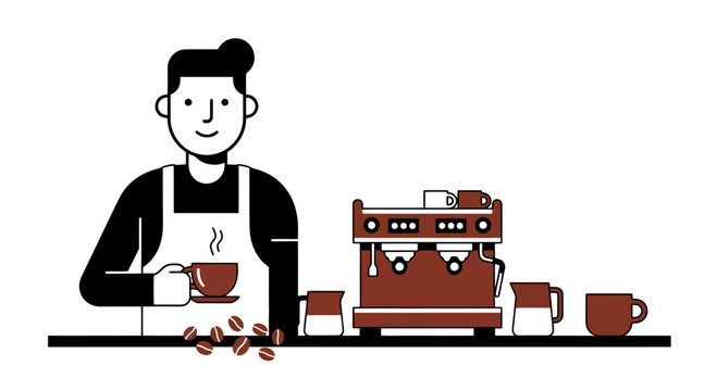 A minimalist illustration of a barista making coffee with an espresso machine, suitable for cafe promotions, coffee shop menus, and beverage-related content creation