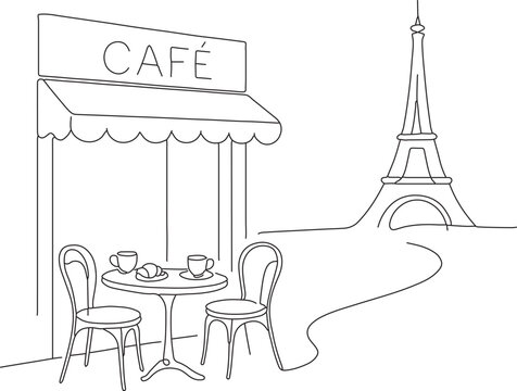 Paris Caf&eacute; Illustration vector &ndash; Minimalist Line Art with Coffee Cup