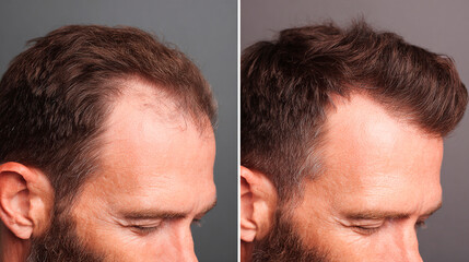 Obraz premium Hair Restoration: A striking comparison showcases the transformative effect of hair restoration on a man's appearance, highlighting the enhancement of confidence and vitality.