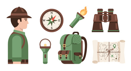Illustrated collection of outdoor adventure and scouting essentials including a scout, compass, backpack, map, binoculars, and flashlight for educational or recreational purposes