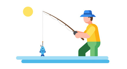 Vector illustration of a man fishing in minimalist flat design for recreational and outdoor activity themed graphic elements and children's book illustrations