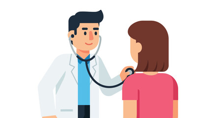 Fototapeta premium A flat vector illustration depicting a caring doctor listening to a patient's heartbeat with a stethoscope for healthcare awareness and medical consultation