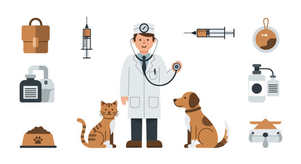 A comprehensive veterinary care illustration showcasing a vet, cat, dog, and essential equipment for pet health and well-being in a clean, modern style