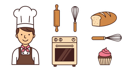 An illustrated collection of baking essentials featuring a chef, oven, bread, cupcake, rolling pin, and whisk for culinary design projects