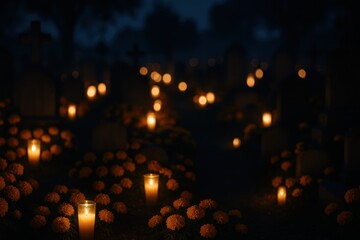 Night cemetery glowing with candles and marigold flowers honoring loved ones spiritual remembrance and cultural tradition atmospheric depth with warm bokeh and shadows