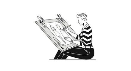 A fashion designer creating a new dress design on a drawing board, showcasing the artistic process of conceptualizing clothing and bringing creative visions to life