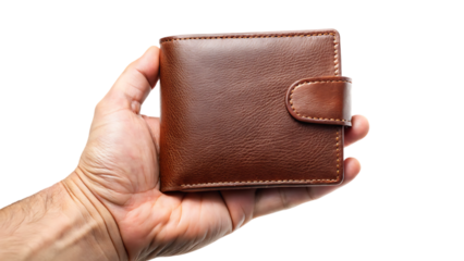 Hand holding a brown leather bi-fold wallet on a black background graphic design isolated on a transparent background