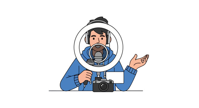 Illustration portraying a young adult recording a podcast with professional equipment, ideal for promoting content creation and digital storytelling
