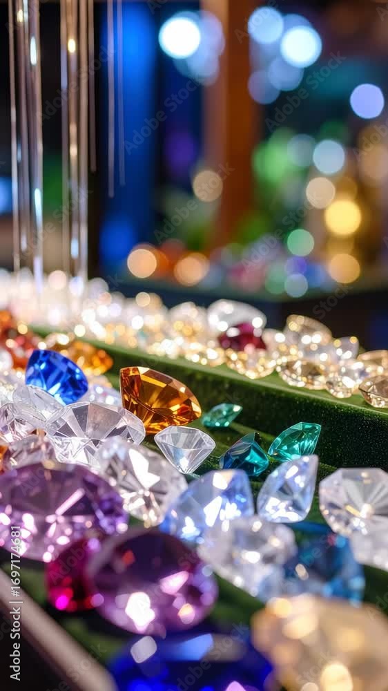Poster Close-up of assorted colorful jewels and gems arranged on a green surface under bright lights with bokeh effect in the background